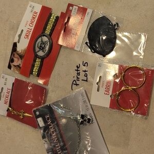 Pirate Accessory Lot with Skull Necklaces, Earrings, Choker, & Eye Patch * New